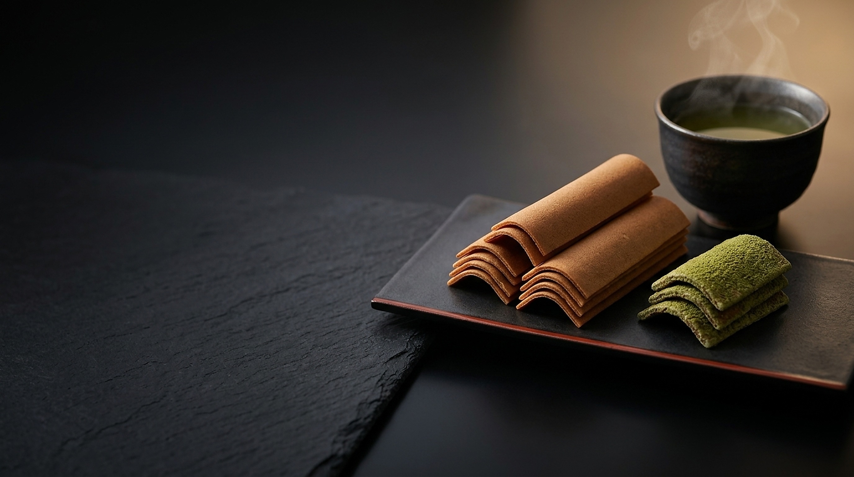 Michelin-level presentation of Izutsu Yatsuhashi baked cinnamon confectionery and Uji Matcha on dark Kyoto tableware