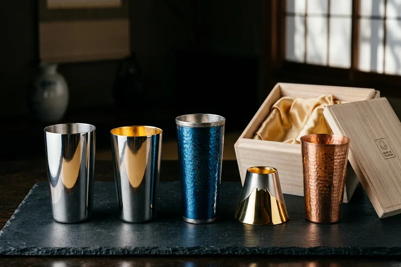 Premium Japanese Tsubame stainless steel, gold-finished and blue artisan drinkware